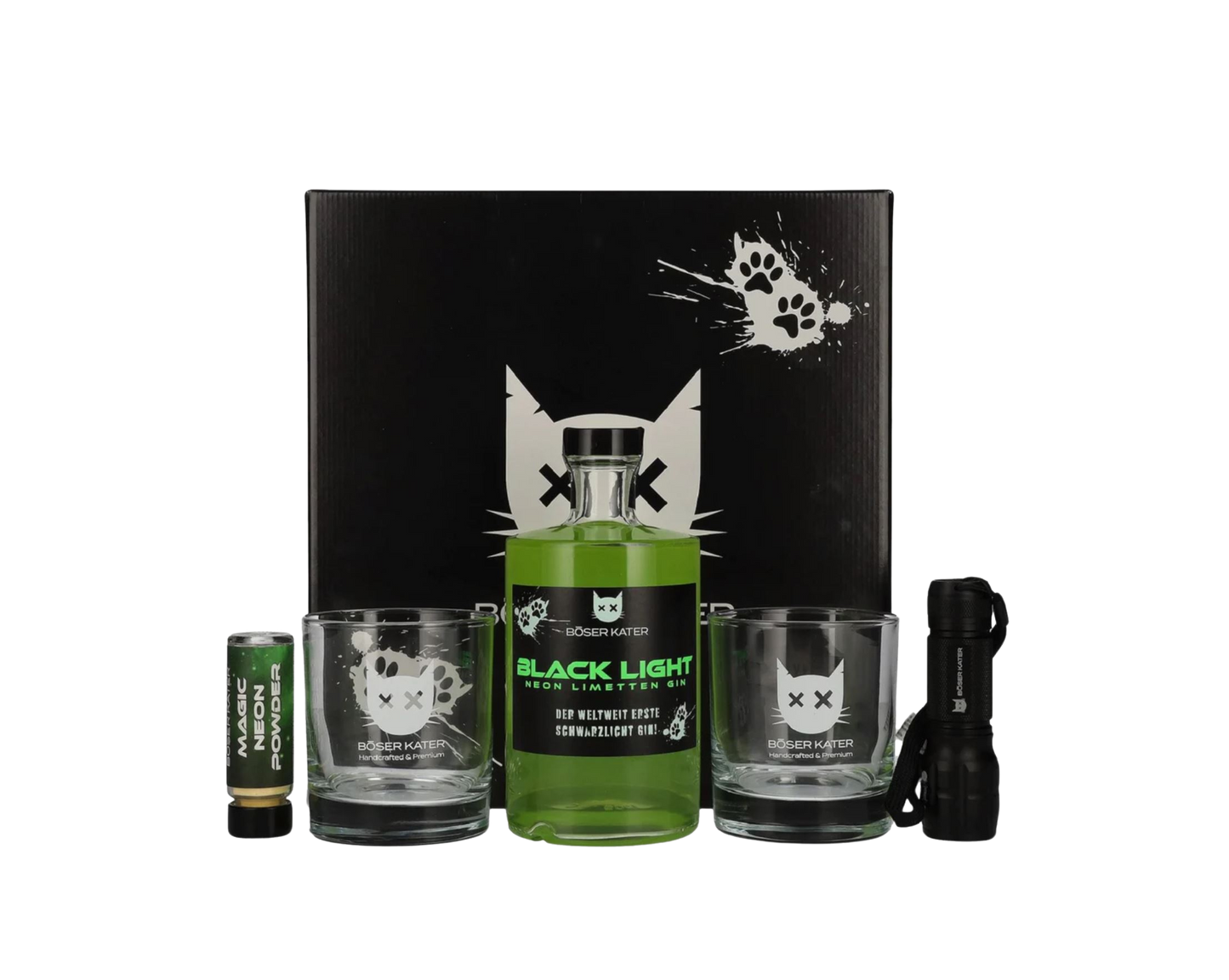 BÖSER KATER Black Light Neon Limetten Gin 40% Vol. 0,5L Geschenkbox