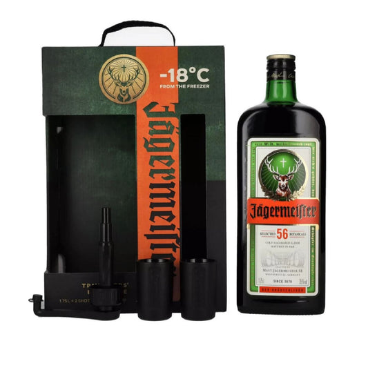 Jägermeister TRAVELLERS' EXCLUSIVE 35% Vol. 1,75L - Geschenkbox mit 2 Shotgläsern und Dosierpumpe