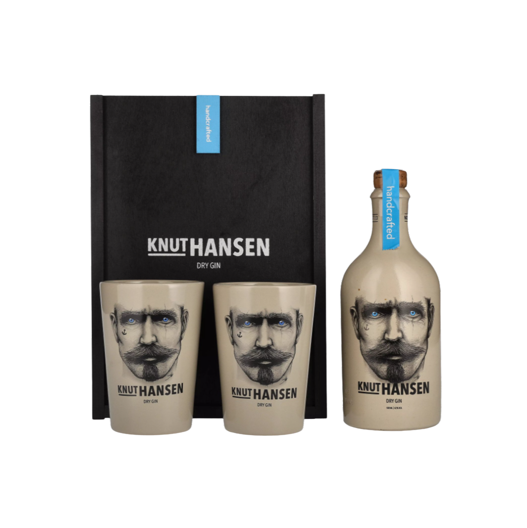 Knut Hansen Dry Gin 42% Vol. 0,5L - Holzkiste mit 2 Keramiktassen